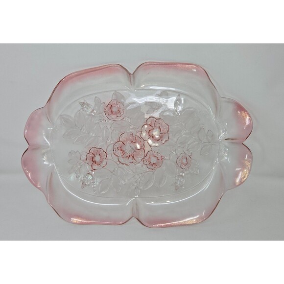 MIKASA Rosella Oval Canape Serving Platter 16" Walther Crystal Pink Rose Ruffled - Picture 2 of 16